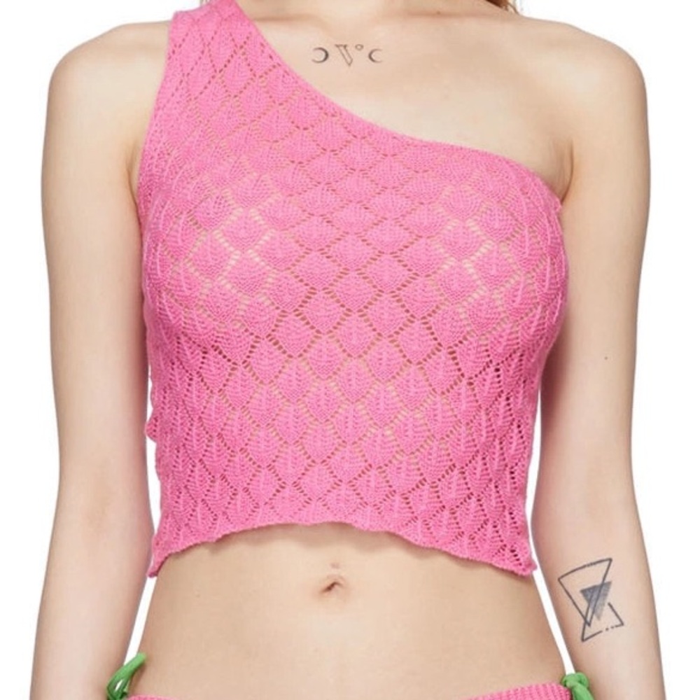 Gimaguas isola pink one shoulder crochet knit cotton tank top